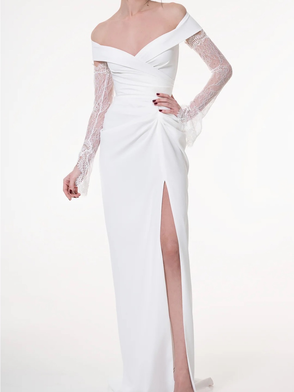 Rhea Costa Off-Shoulder White Lace-Sleeve Evening Gown with High Slit -  Athena